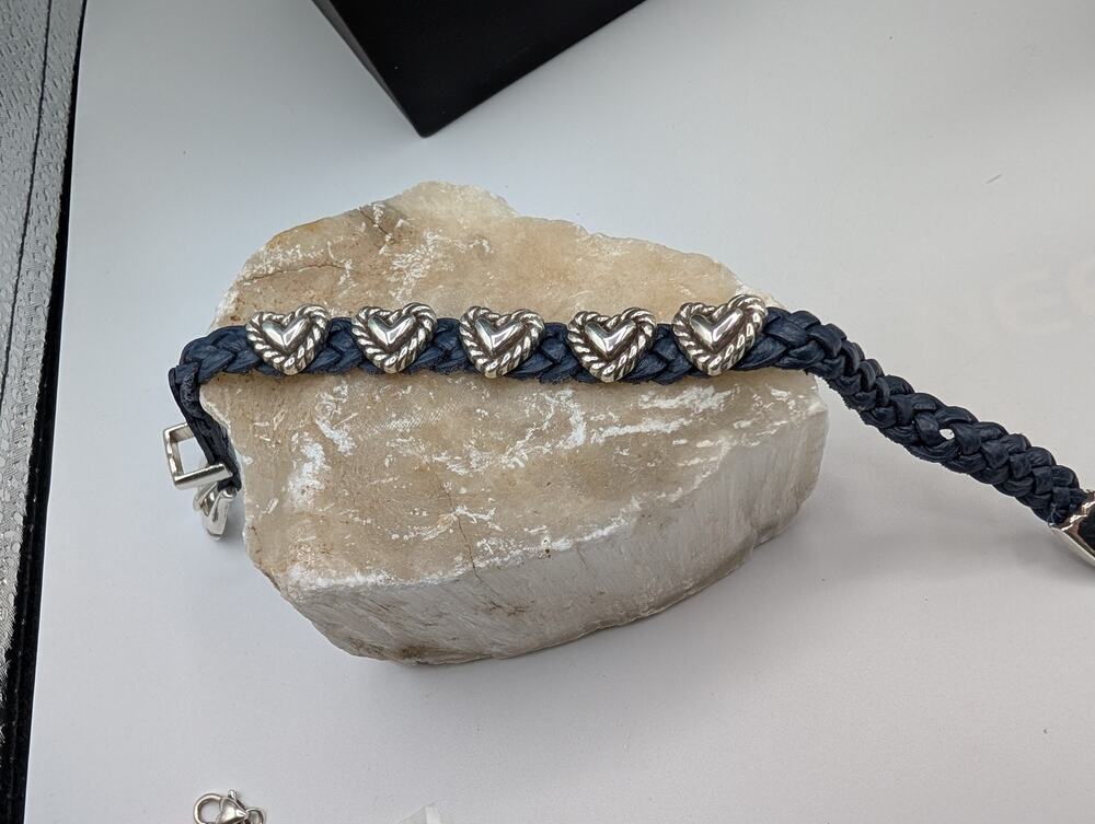 Brighton Braided Leather Bracelet with Silver Tone Heart Charms Buckle Closure